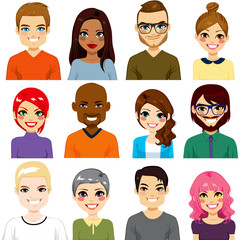 Fototapeta premium Collection of twelve different people avatar portraits from diverse ethnicity and age