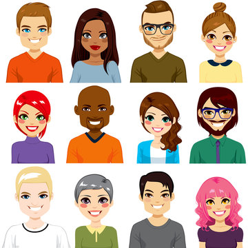 Collection of twelve different people avatar portraits from diverse ethnicity and age
