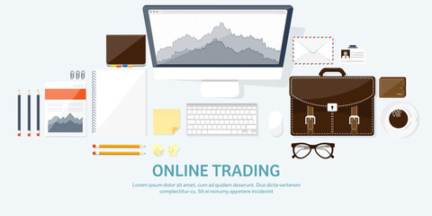 Vector illustration. Flat background. Market trade. Trading platform ,account. Moneymaking,business. Analysis. Investing.