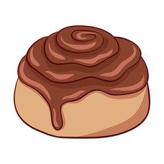Freshly baked cinnamon roll with sweet chocolate frosting. Vector illustration.