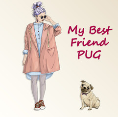young hipster girl with pug dog fashion best friends