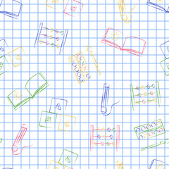 Seamless pattern back to school. Vector White sheet blue squared writing ink Hand-drawn style. Seamless vector wallpaper with the image of colors, brushes, album and other school items