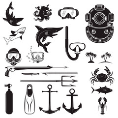 Diver design elements. Diver weapon, diver helmet, equipment for
