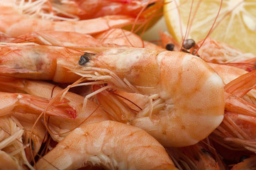 Group of fresh raw shrimp with lemon slice