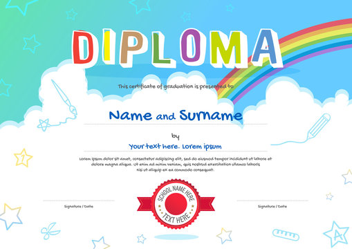 Colorful kids diploma certificate in cartoon style with sky and rainbow