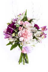 Pastel bouquet from pink and purple gillyflowers on white