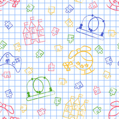 Seamless pattern back to school. Vector White sheet blue squared writing ink Hand-drawn style. Seamless wallpaper with the image of Helicopter, puzzle, a maze, a castle, a joystick