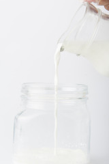 Milk pouring from a bottle in a glass isolated on a white background