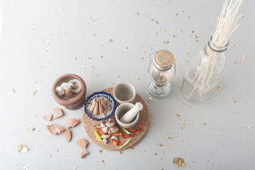 Thai herb ingredient, spicy food in mortar isolated on white background