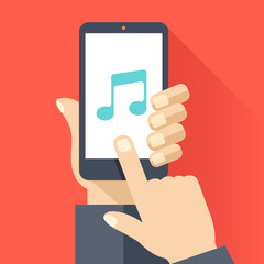Music app on smartphone screen. Hand hold smartphone, finger touch screen. Music streaming service. Modern flat design vector illustration