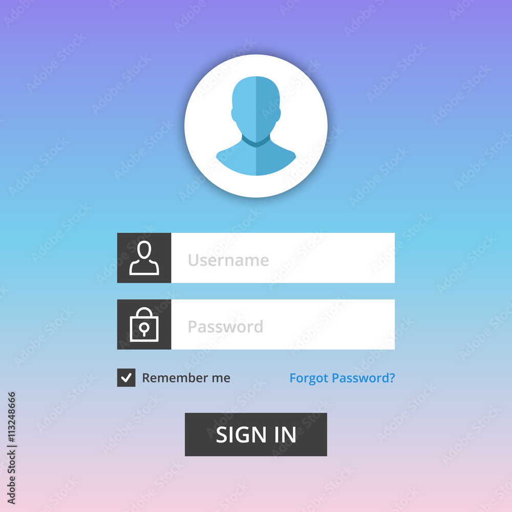 Poster vector login form template. user login form with username and password fields, man and lock icons, r