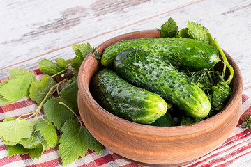  Freshly-salted cucumbers in a wooden bowl .   Freshly-salted cucumbers in a wooden bowl and currant leaves on a napkin on a light wooden background.