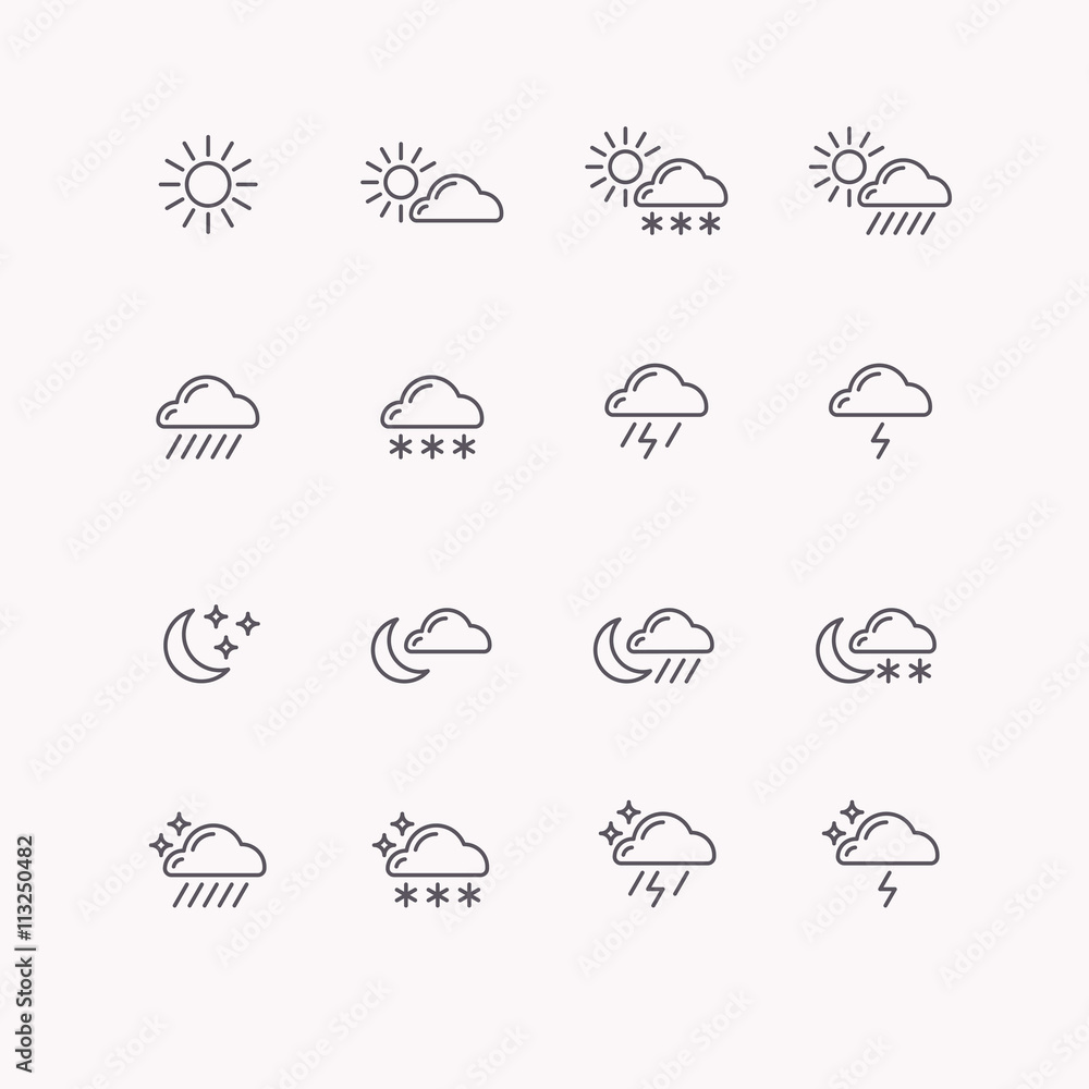 Poster set of vector line icons weather.