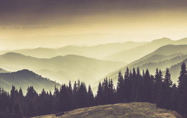 Landscape of misty mountain hills. 