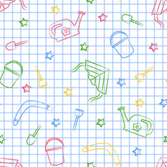 Seamless pattern back to school. Vector White sheet blue squared writing ink. Hand-drawn style. Seamless vector wallpaper with the image of kite flying, head, boomerang, star, bucket, shovel, rake