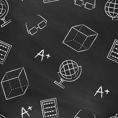 Seamless pattern back to school. Vector black blackboard written with white chalk globe, glasses, sphere, A plus, cube. School background for design covers notebooks and textbooks