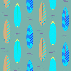 Surfboard seamless vector pattern. Blue and cyan striped boards on white.