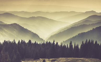 Landscape of misty mountain hills. 