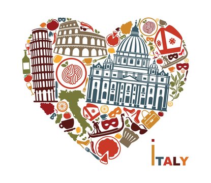 Traditional symbols of Italy in the form of heart