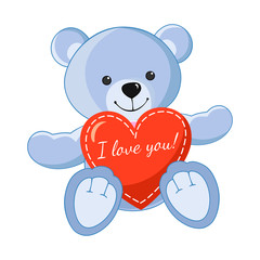 Bear, teddy, toy. Red heart with the inscription "I love you!". Greeting card