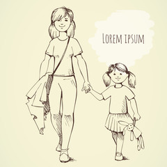 Mom leads by the hand a little girl. Hand-drawn sketch.