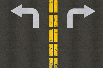Asphalt with two lanes, left and right turn decision concept