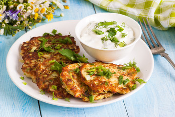 Cabbage pancakes with yogurt