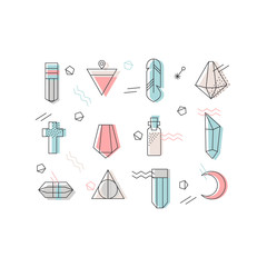 Set of crystals and other symbols with geometric shapes.