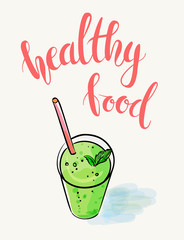 Green smoothie vector illustration with lettering. Healthy food