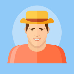 Tourist man in hat flat icon. Male character vector illustration.