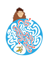 Maze puzzle for kids with monkey and banana. Labyrinth illustration, solution included.