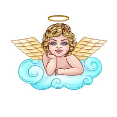 Baby angel vector cartoon character. Cupid lying on a cloud isolated illustration
