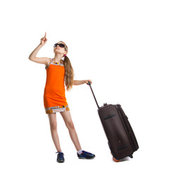 cute girl ready for summer vacation. Joyful girl with luggage bag about to travel
