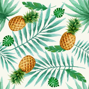 Exotic fruits seamless pattern, watercolor.
