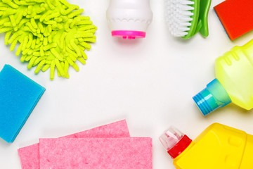 House cleaning products on white table