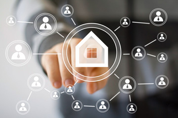 Man with touchscreen house network home web icon