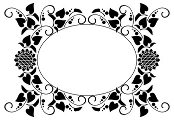 Black and white round frame with decorative sunflowers silhouettes. Vector clip art.