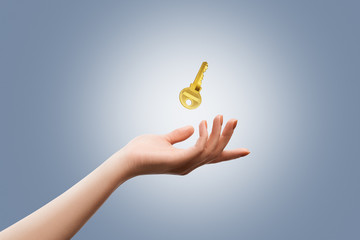 Female hand holding a golden key to success - 113257037