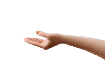 Female hand giving something, isolated