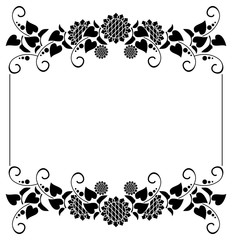 Black and white horizontal frame with decorative sunflowers silhouettes. Vector clip art.