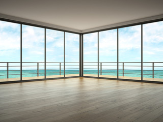 Interior of empty room with sea view 3D rendering