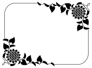 Black and white horizontal frame with decorative sunflowers silhouettes. Vector clip art.
