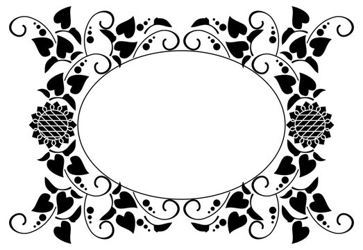 Black and white round frame with decorative sunflowers silhouettes. Vector clip art.
