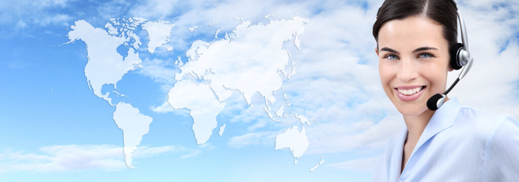 contact us, customer service operator woman with headset smiling - Powered by Adobe