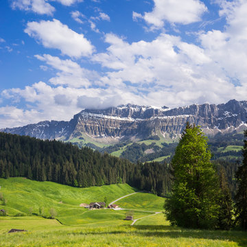 Late spring rural landscape in the Emmental region with the Hohgant mountain range in the background. Schangnau, Emmental, Canton of Bern, Switzerland