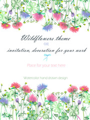 Background, invitation card, template postcard with the yellow wildflowers, clover flowers and grass, hand drawn on a white background, background for your card and work