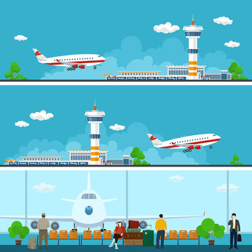 Airport Horizontal Banners, Arrivals at Airport, Departures from Airport, People with Luggage in the Waiting Room, Travel Concept, Flat Design, Vector Illustration