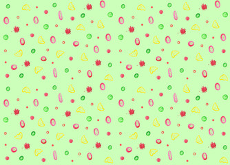 Watercolor hand painted funny simple shape seamless pattern with pink, green, yellow, red child style elements on pale green background