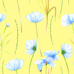 A seamless floral pattern with watercolor hand-drawn tender blue cosmos flowers, painted on a yellow background