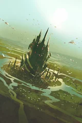 Tuinposter aerial view of a futuristic city,sci fi scenery,illustration painting © grandfailure